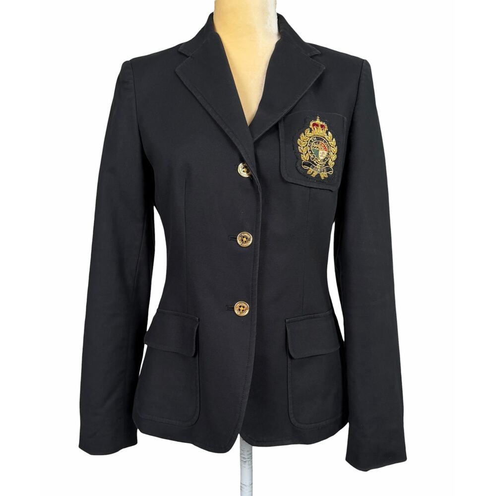 Lauren Ralph Lauren Crest Black Cotton Blazer Jacket Women’s 4 Preppy Academia - Picture 2 of 9